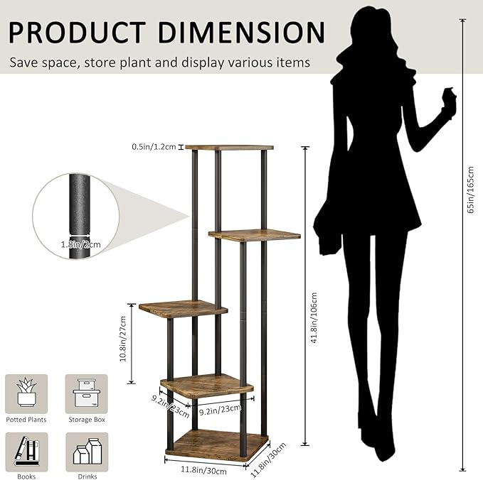 YOCOMEY 5 Tier Wood Tall Plant Stand Metal Rack Indoor, Multiple Flower Pot Holder Shelves Corner Rack, Planter Shelf Display Rack Storage Organizer for Patio Living Room Balcony Garden(Black)