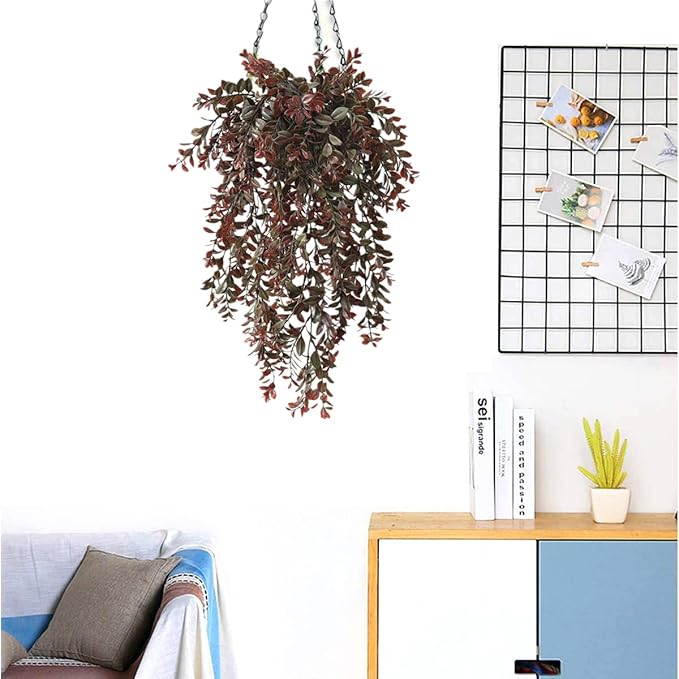 Artificial Hanging Ivy, Fake Reddish Brown Leaves Vines Plastic Plants Greenery UV Resistant Plant for Indoor Outdoor Garden Office Bathroom Decor Wedding Party Baskets DIY Decoration Red 2 Pack