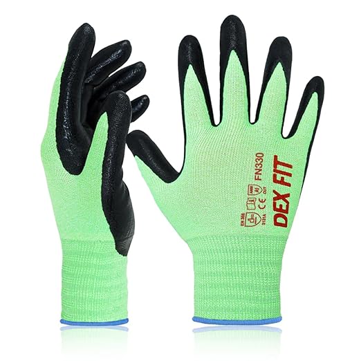 DEX FIT Nitrile Work Gloves FN330, 12 Pairs, 3D-Comfort Stretchy Fit, Firm Grip, Thin & Lightweight, Touch-Screen Compatible, Durable, Breathable & Cool, Machine Washable; Green L (9)