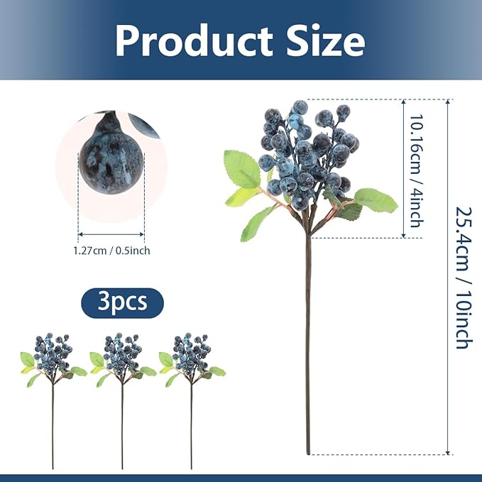 Fake Blueberries Artificial Berry Picks for Decor,Artificial Blueberry Stems for Lifelike Fruits Arrangement Flowers DIY Christmas Wedding Crafts-3 Pack