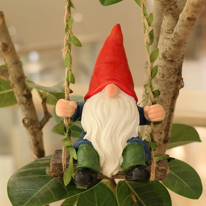 Garden Gnomes Outdoor Statue,Garden Gnome on Swing, Gnomes Decorations for Lawn Yard, Indoor and Outdoor Gnome Ornament for Christmas Tree Decor Halloween New Year. (Swing Gnome)