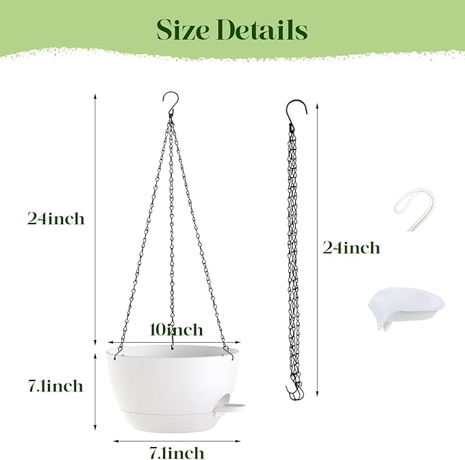 zople 10 Inch Hanging Planters with Chains 2 Pack Self Watering White Plastic Hanging Pots for Indoor Outdoor Plants, Garden Porch Home Decor (White)
