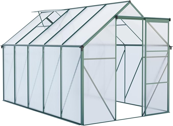 6×10 FT Polycarbonate Greenhouse for Outdoors with Raised Base & Anchor, Heavy-Duty Walk-in Aluminum Green House Kit with Sliding Door & Roof Vent, Outdoor Greenhouse for Backyard Garden, Green