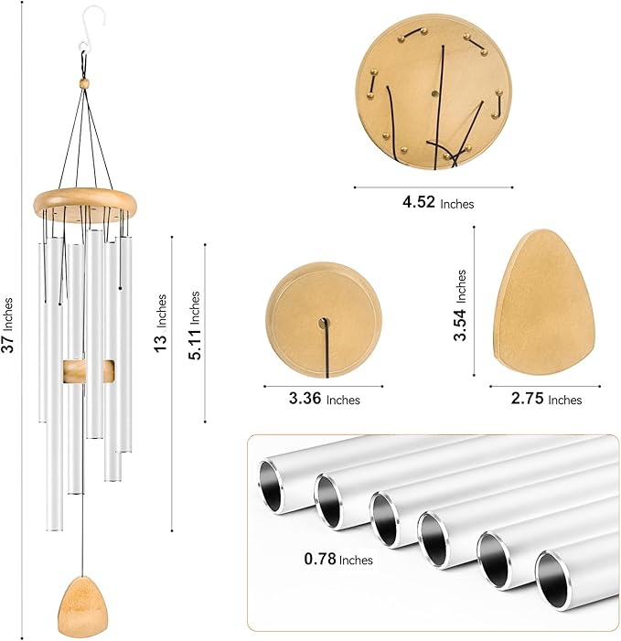 Bursvik Large Aluminium Wind Chimes 37 Inches to Create a Zen Atmosphere Suitable for Outdoor, Garden, Patio Decoration. Classic Wind Chimes with Wind Catcher Suitable as A Gift for Unisex(White)