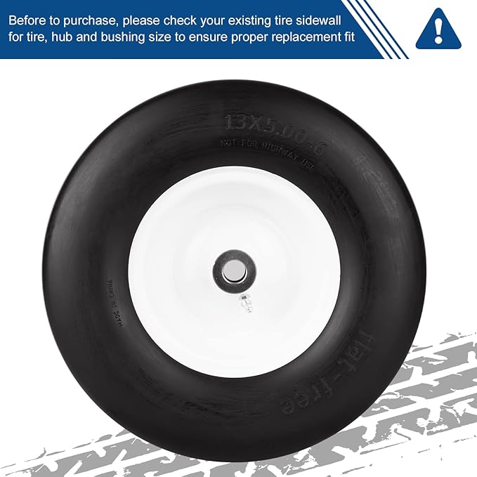 13x5.00-6 ILONPA 2PCS Flat Free Smooth Tire w/Steel Wheel Fits Deck 36"-46" Residential Riding Lawn Mower & Garden Tractor- Hub 3.25"-5.9" (Adjustable via Spacers), Bore ID 3/4" 135006