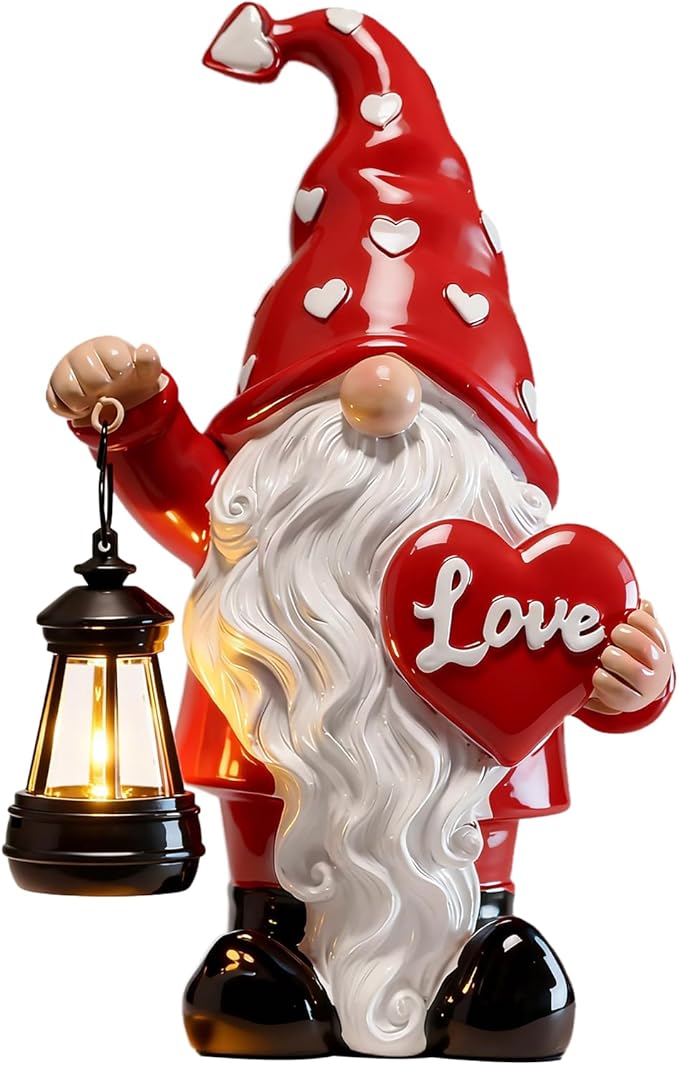Valentines Day Decorations, Valentines Day Garden Gnome Decorations Outdoor, Waterproof Resin Gnomes Holding Heart-Shaped and Solar Lantern, Valentines Gifts Outdoor/Indoor Decor