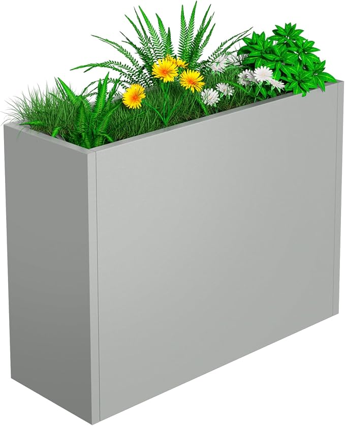 NUWJBYE Tall Metal Planter Box, 36" L x 12" W x 26" H Large Outdoor Planters with Drainage & Adjustable Shelf, Heavy Duty Steel Rectangular Planter for Patio, Balcony, Indoor(Gray)