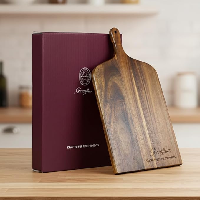 Acacia Wood Charcuterie Board with Handle, Large Cheese Serving & Entertaining Board, Premium Natural Grain Wooden Board for Appetizers, Snacks & Gift Giving