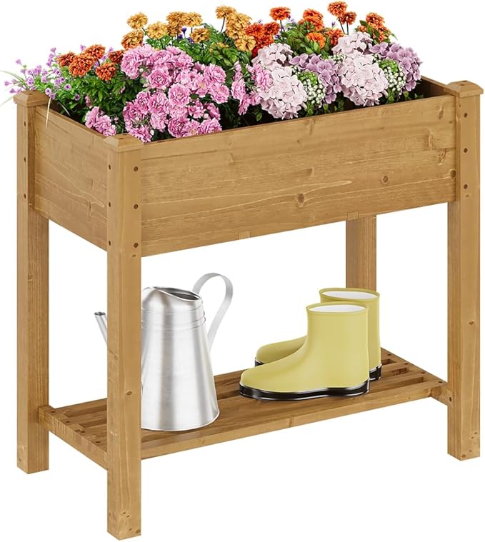 Raised Garden Bed, Planter Box with Storage Shelf, Elevated Wooden Planter Box with Legs, Garden Planter for Backyard, Patio, Balcony, Natural Wood (Brown, S)