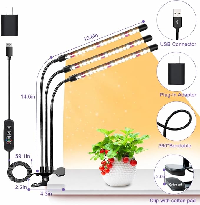 SDOVUERC 3head Plant Lights, 2Pack Grow Lights for Seed Starting, Full Spectrum Growing Lamps with Clip for Indoor Plants, Auto ON & Off Timer 3/9/12H, 3 Switch Modes, 10-Level Dimmable Brightness