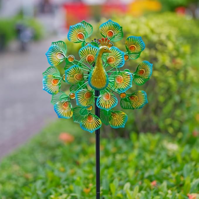 VEWOSTAR Peacock Wind Spinners Outdoor,13” Metal Wind Spinner Garden Pinwheels,360°Peacock Wind Sculptures & Spinners,Kinetic Wind Spinners for Yard and Garden(13.8”W X 64.2”H)
