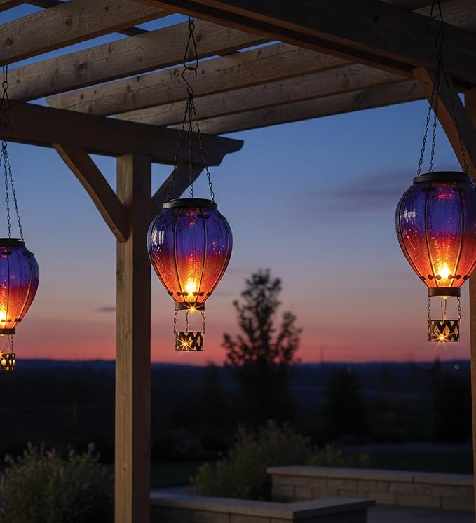 Regal Art & Gift Hot Air Balloon Solar Lantern – Hanging Solar-Powered LED Lights, Waterproof Portable Decorative Outdoor Lamp Made of Metal & Glass for Garden, Patios & Pathway – Stripe (Large)