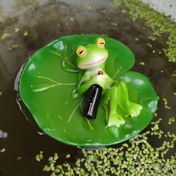 Cute Frog Lotus Leaf Resin Statue Paired with Beer Bottle - Bright Green Outdoor Garden Decoration. Frog Garden Decoration.