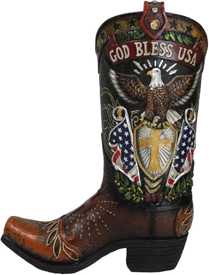 Ebros Gift Rustic Western Country USA American Flag God Bless USA Eagle Seal Crest Cowboy Boot Decorative Flower Bouquet Vase Or Planter Figurine 10" High