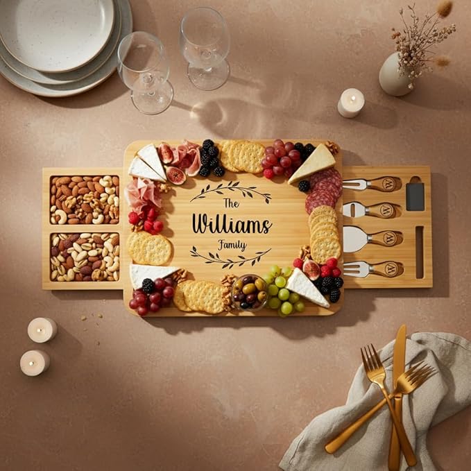 Personalized Charcuterie Board Set, Custom Engraved Bamboo Cheese Board, Christmas, Wedding and Housewarming Gift for Couples, Anniversary and Bridal Shower (2 DRAWERS)