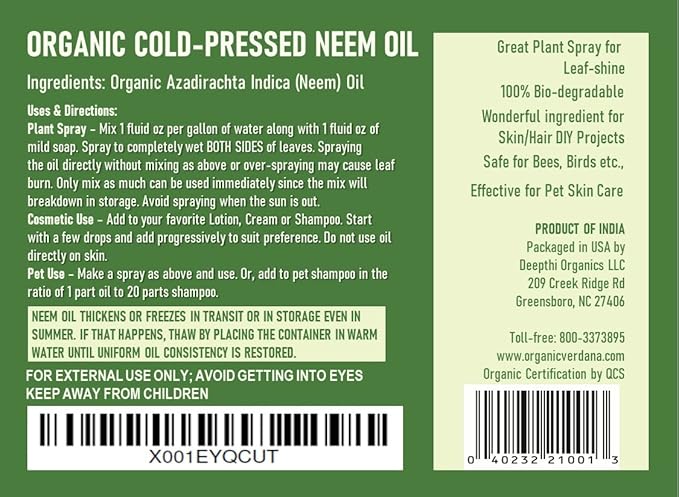 Verdana Organic Neem Oil – Cold Pressed, 100% Pure Neem Seed Oil, Concentrated Multi-Purpose Oil for Skin, Hair & Plant Use, No Additives - 16 Fl Oz