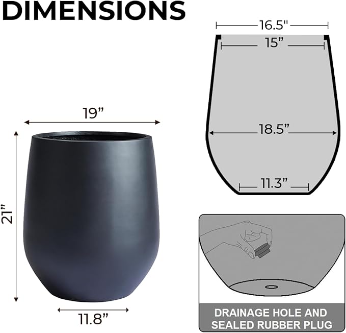 KUTE NEST 21" H x 19" D Corso Fiberstone Round Tapered Planter with Drainage Hole, Smooth Finishes, Weather Resistant for Indoor and Outdoor Use, Included 2 Extra Coco Mats (Black, 15" Pot Opening)