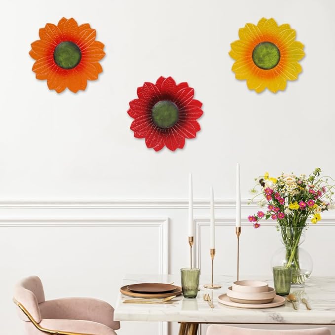 YEAHOME Sunflower Wall Decor - 9 inch Metal Flower Wall Art Decorations, Sunflower Yard Garden Decor Hanging for Kitchen, Bathroom, Bedroom,Handmade Gift for Home, Indoor or Outdoor (Set of 3)