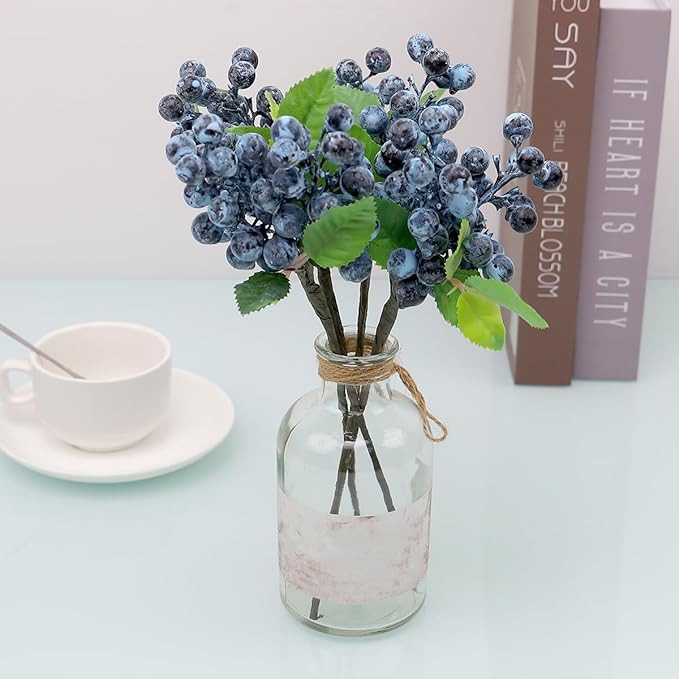 4pcs Artificial Blueberries Fruit Stems Fake Berries Picks Flowers Plant Decorations DIY Flower Arrangement Garland Bouquet Home Wedding Party