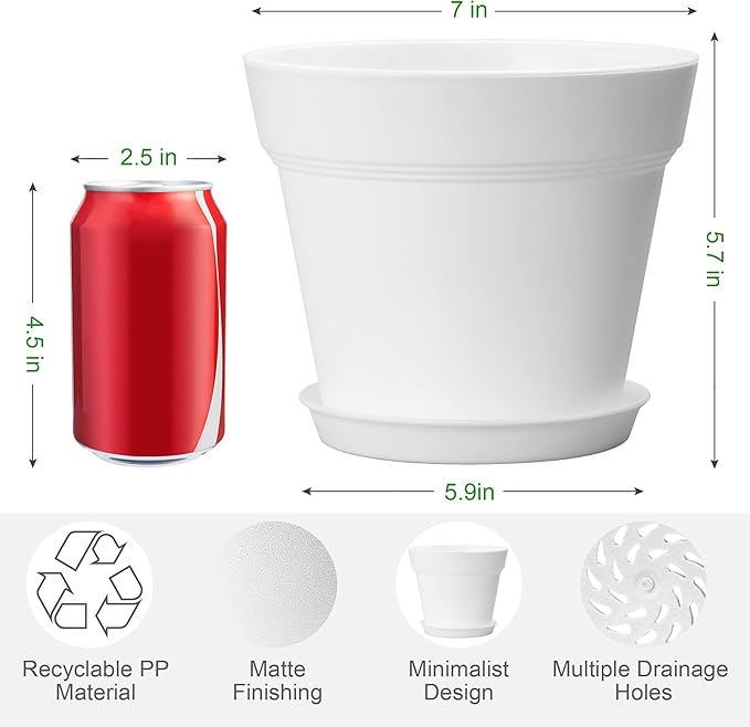 FHWTY 6 Pack Plastic Plant Pots with Drainage Holes and Tray, 7 inch Thickened Indoor Planters Seedlings Nursery Pots for Flowers, African Violet, Succulent and All House Plants, White