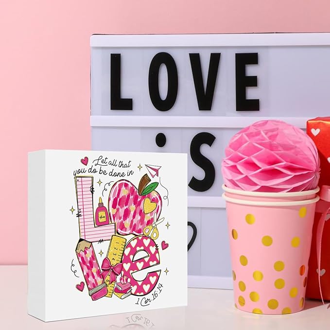 Teacher Valentine Decor Gift, Vintage Valentines Day Gifts for Teachers, Teacher Appreciation Gifts, Birthday Retirement Thank You Gift, Pink Love Pencil Wooden Box Sign for Office Desk Decor