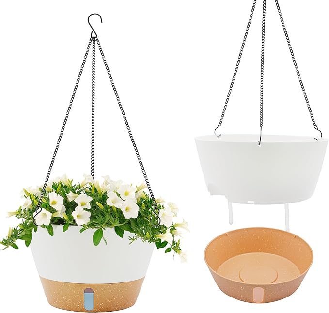 ZMTECH 12 Inch Hanging Planters for Indoor, 2 Pack Large Hanging Plant Pot with Visible Water Level and Chain, Self Watering Hanging Flower Pot for Outdoor Garden Porch(White)