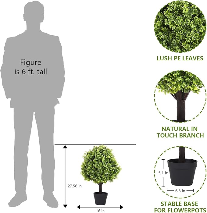 Azoco 27“ Realistic Artificial Boxwood Topiary Trees Set of 2, Faux Plants Outdoor UV-Resistant, Fake Evergreen Bushes & Shrubs for Front Porch Outside Planter Decor