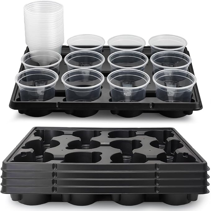 RooTrimmer 12 Cell Nursery Pot Trays 5 Pack with 4 Inch Clear Plant Pots 60 Pack, Thick Sturdy Seeds Starting Germination Shuttle Carrying Trays, Black Small Planter Nursery Propagation 5 Sets