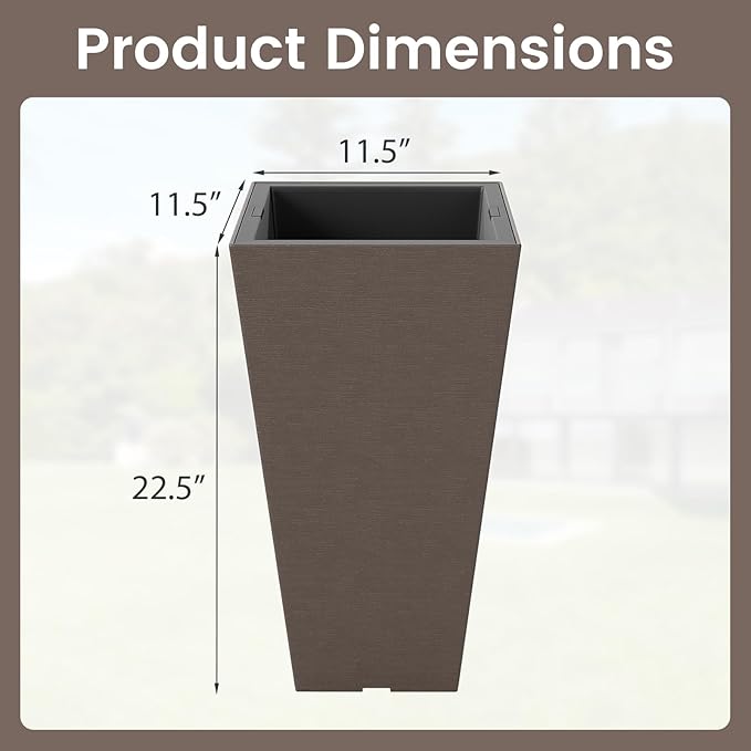 Giantex Square Taper Planter Set of 2, Self-Watering Flower Pots with/Removable Inner Bucket & Drainage Holes, Indoor Outdoor Decorative Plant Container for Porch Balcony (Brown,11.5"x11.5"x22.5")