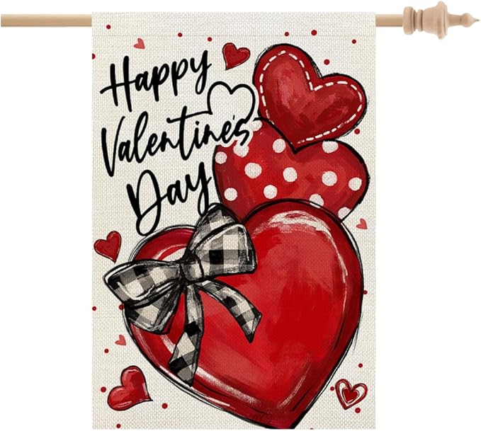 CROWNED BEAUTY Happy Valentines Day House Flag 28x40 Inch Double Sided for Outside Large Burlap Love Hearts Red Holiday Yard Decoration CF1684-40