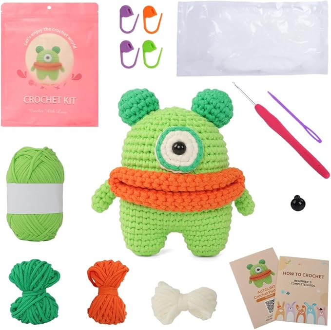 Autglint Monster Crochet Kit for Beginners - Whimsical Amigurumi Creature DIY Starter Set with Video Tutorials | Sensory Soft Yarn & 40% Extra Material | Emotional Support Worry Monster Gift