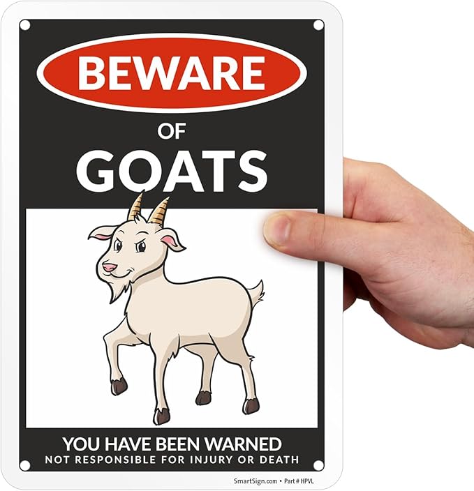 SmartSign Funny Beware Of Goats Warning Sign - 10"x7", 40 mil Laminated Rust-free Aluminum - Metal Signs for Wall Decor, Outdoors, Patio, Gifts, Cafe - Goats Theme, Made in USA