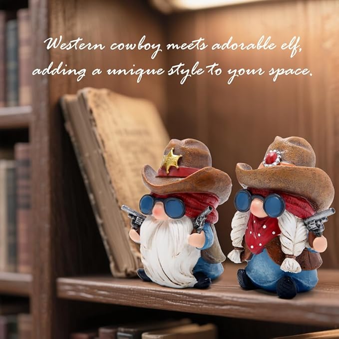Hodao Cowboy and Cowgirl Gnome Figurines - Hand-Painted Western Resin Gnomes with Cowboy Hats, Sheriff Badge and Bandana - Rustic Farmhouse Decor and Gift for Tiered Tray, Mantel, Tabletop