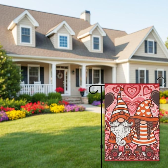 Valentines Garden Flag 12X18 Inch Linen Cute Gnome Flags Banners for Home Outdoor Decor Yard Patio Lawn Decorations Yard Flags Happy Valentine's Day Banner Garden Outside Linen