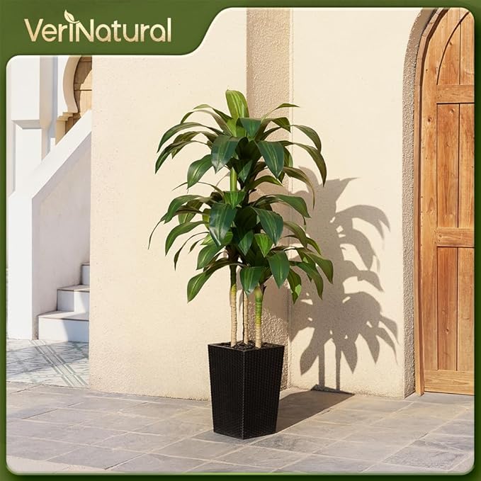 VeriNatural Artificial Dracaena Tree 5FT - Fake Tree with Black Taper Planter & Pebbles - UV Resistant Faux Yucca Tropical Plant - Artificial Trees for Home Office Living Room Decor Indoor Outdoor