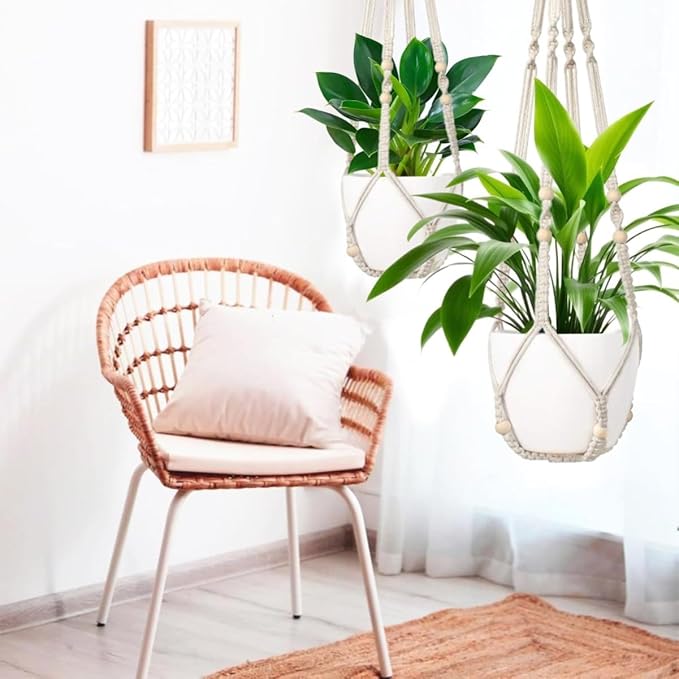 MDKFKDK 3 Pack Macrame Plant Hanger,Hanging Plant Holder, Boho Home Decor Hanging Basket with Wood Beads,Hanging Planters for Indoor Plants,Plant Hanger Indoor 35"/29"/23" Ivory (POTS NOT Included)