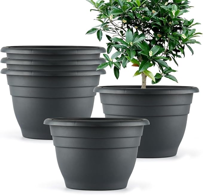 RooTrimmer Plant Pots Set of 5,10 Inch Plastic Planters with Drainage Holes,Durable Indoor & Outdoor Flower Pots for Garden,Home & Patio,Gray