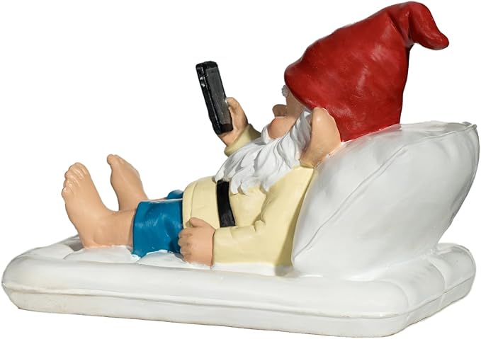 Relaxing Pool Gnome with Smartphone - 5.6" Heavy Resin Garden Statue - Weather-Resistant Funny Lawn Ornament - Summer Patio Decor - Unique Housewarming Gift