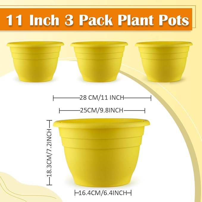 RooTrimmer 3 Pack 11 Inch Plant Pots with Drainage Hole and Plug, Durable Plastic Flower Pots for Indoor & Outdoor Plants, Elegant Mordern Plant Pots Perfect for Herbs, Flowers & Succulents, Yellow