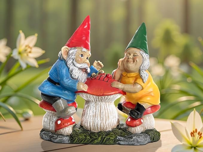 Wiresusan Garden Gnome Statue for Outdoor Decoration, Couple Gnome Figurine on Mushroom for Outside, Garden Mr and Mrs Gnome Playing Chess Sculptures for Yard Lawn Patio Decor, Love Gifts for Women