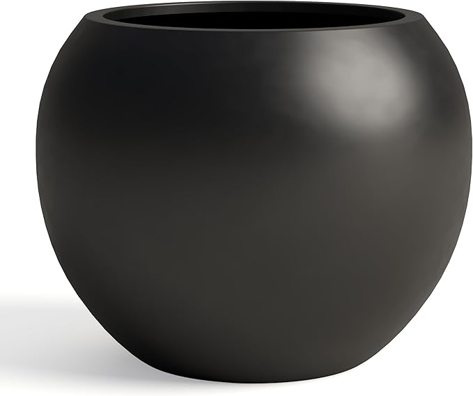 DTY Signature Mount Sherman Modern Indoor Outdoor Fiberstone Sphere Planter, Durable Round Garden Pot, Weather Resistant, Drainage Hole & Rubber Plug - Medium, Black