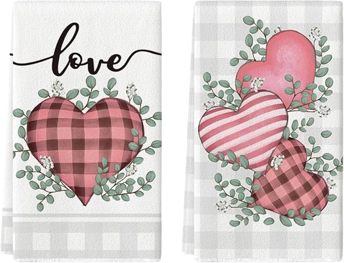Artoid Mode Pink Buffalo Plaid Heart Love Valentine's Kitchen Towels Dish Towels, 18x26 Inch Anniversary Wedding Decoration Hand Towels Set of 2