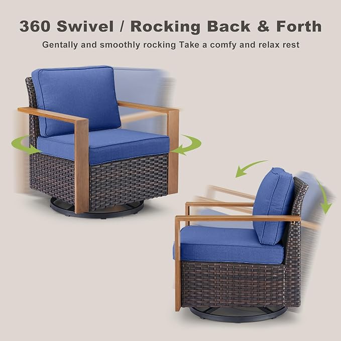 Rilyson Outdoor Swivel Patio Rocker Chairs - Wicker Rattan Patio Swivel Rocking Chairs Set of 2 with Metal Wide Armrest, Thick Cushions and Deep Seating for Deck Porch Sunroom Garden(Brown/Blue)