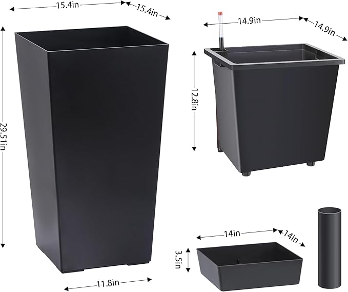 GarveeLife 30 in Tall Planters Set of 2, Outdoor＆Indoor Black Planter Pots, High Front Porch Planter Pots With Drainage Holes＆Water Level Monitor Movable Wheels ＆Inner Bucket, Automatic Watering,Black