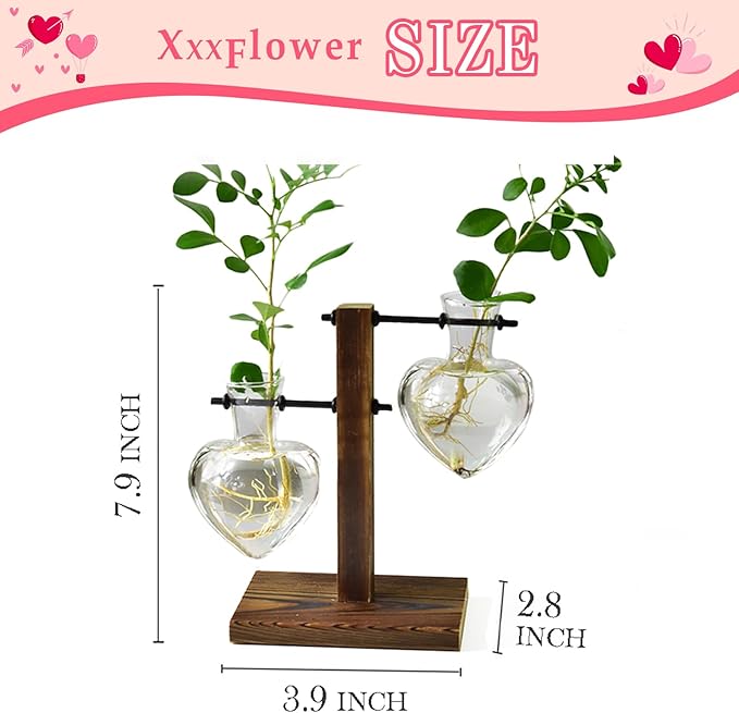 XXXFLOWER Plant Terrarium Wooden Stand, Hydroponic Planter Bulb Glass Metal Swivel Holder Retro Air Plants Water Plants for Home Office Decoration,Gifts for Plant Lover Wife Mom- 2 Love Bulb Vase