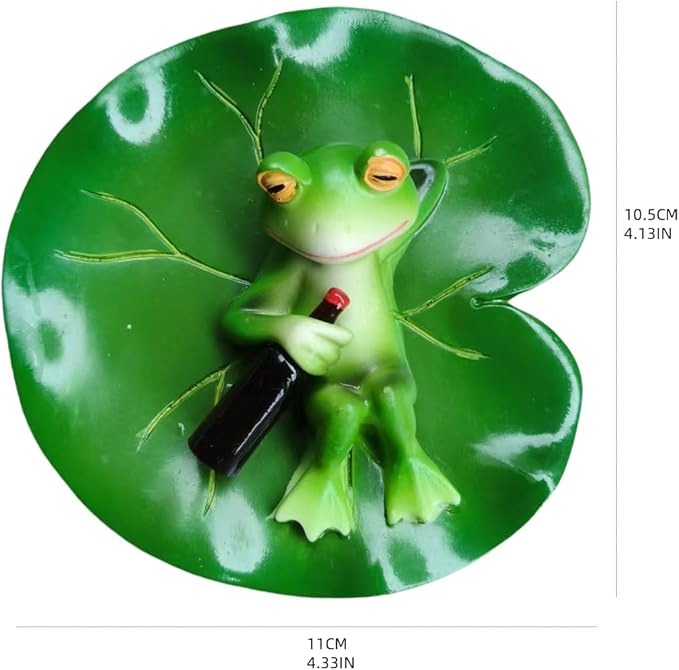Cute Frog Lotus Leaf Resin Statue Paired with Beer Bottle - Bright Green Outdoor Garden Decoration. Frog Garden Decoration.