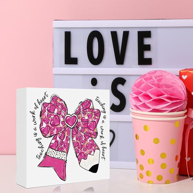 Teacher Valentine Decor Gift, Teacher Appreciation Gifts, Vintage Valentines Day Gifts for Teachers, Graduation Birthday Gift, Pink Glitter Bow Pencil Wooden Box Sign for Office Desk Decor