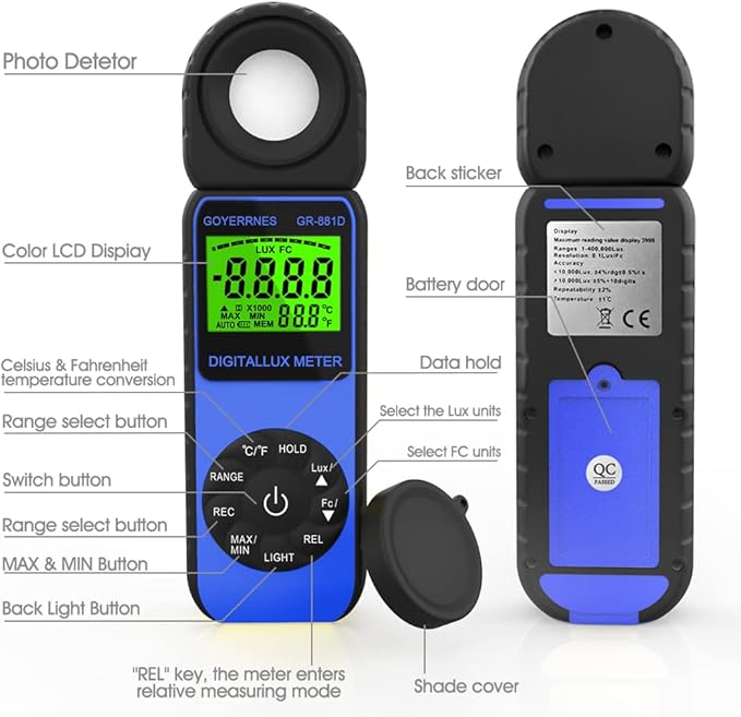 GOYERRNES Illuminance Light Meter, Digital Lux Foot Candles Meter 0.1~400,000 Lux (0.1~40,000 FC) with 270º Rotatable Detector, Lumen Meter Luxmeter for Indoor Outdoor 881D