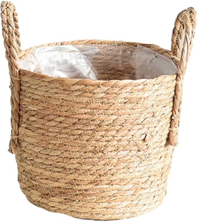 Rattan Planter Basket, Straw Weaving Woven Straw Flower Pot, Wicker Rattan Vase Sundries Organizers Storage Bins, Hand Woven Basket Planter with Plastics Liners and Handle for Indoor Outdoor (Medium)