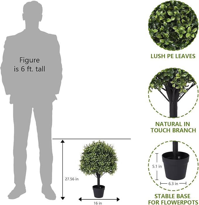 Azoco 27“ Realistic Artificial Boxwood Topiary Trees Set of 2, Faux Plants Outdoor UV-Resistant, Fake Evergreen Bushes & Shrubs for Front Porch Outside Planter Decor